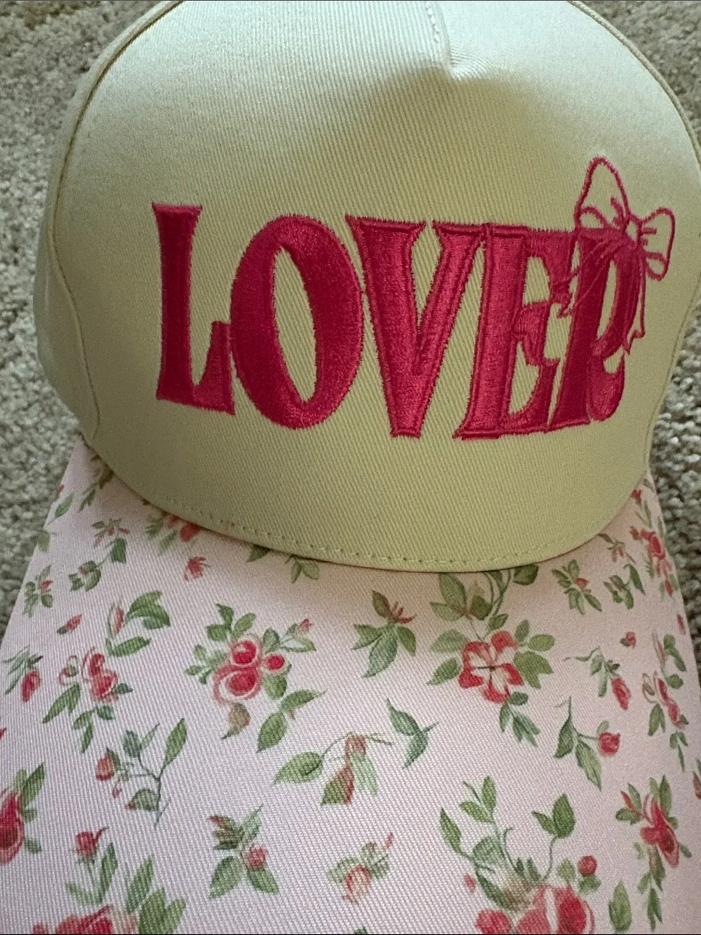 Women’s Floral Trucker Hat with Pink 'LOVER' Embroidery
